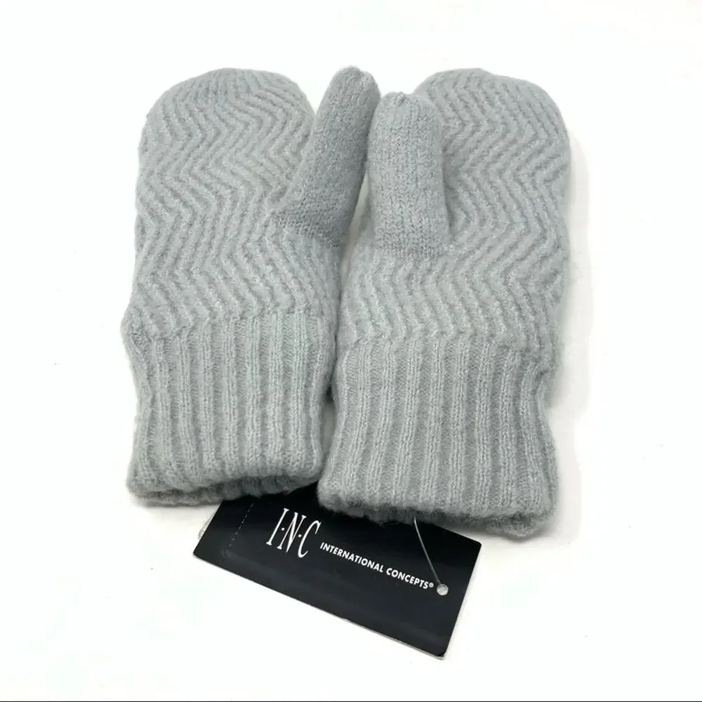 INC Chevron Light Grey Cozy Knit Fleece Lined Chenille‎ Mittens One Size